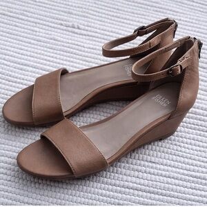 Eileen Fisher Leather Wedge Sandals Taupe Minimal Quiet Luxury Sz 11